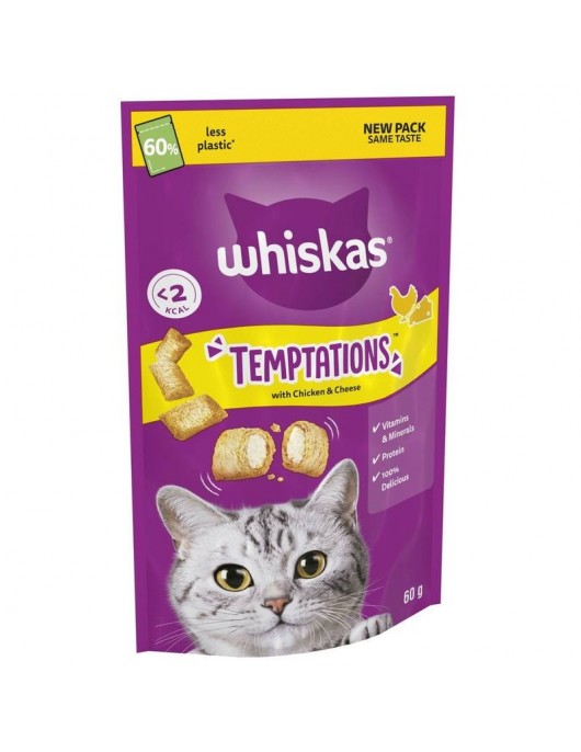 Лакомство Whiskas Temptations с пиле и сирене - 60г - Лакомства