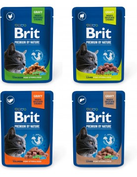 Паучове за кастрирани котки Brit Premium by Nature Delicate Chunks in Gravy - Value Pack 40 x 100 г, 4 вкуса
