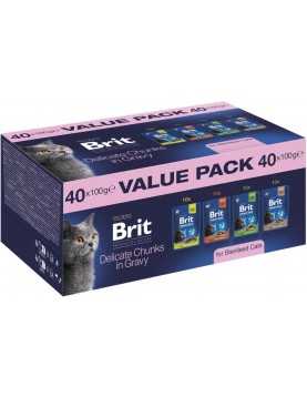 Паучове за кастрирани котки Brit Premium by Nature Delicate Chunks in Gravy - Value Pack 40 x 100 г, 4 вкуса