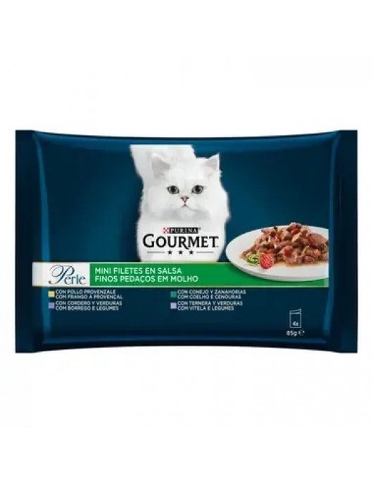 Purina Gourmet Perle Game & Vegetables - Пауч за котки - печено с дивеч, домат и тиквички, хапки в сос, 85 Консервирани храни Gourmet Perle - асорти стек със заек, пиле, телешко, агне - Консервирани храни