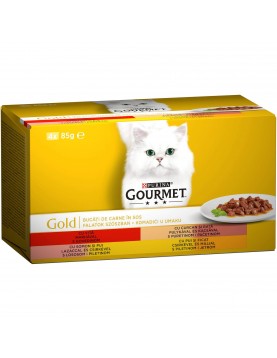 Purina Gourmet Gold - Асорти хапки в сос 4 вкуса - говеждо, пуйка и патица, сьомга и пиле, пиле и дроб, 4 х 85г - Консервирани храни