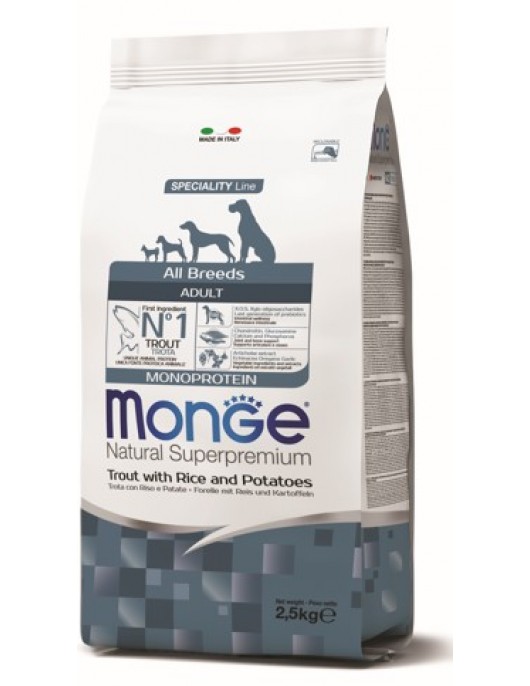Monge Dog Adult All breeds Trout, Rice & Potatoes Monge Dog Adult All breeds Trout, Rice & Potatoes - Сухи храни