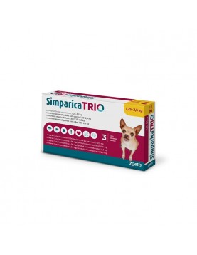 Simparica Trio 1.25 - 2.5кг - вкусни таблетки за кучета - за профилактика на външни и вътрешни паразити
