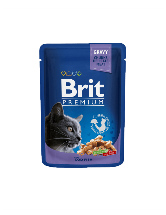 Пауч за котки - Brit Premium Chunks Cod Fish - Консервирани храни