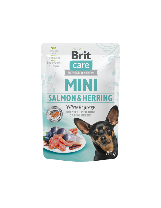 Пауч за кучета - Brit Care Mini Sterilised Salmon & Herring Fillets in Gravy 85г - Грижа при наднормено тегло